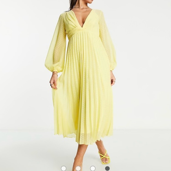 ASOS Women’s Yellow Textured Twist Front Pleated NEW Elegant Midi Dress size 6 - Picture 1 of 13